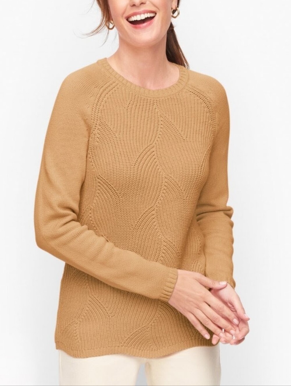 Talbots Cable-Knit Crewneck Pointelle Sweater - Camel